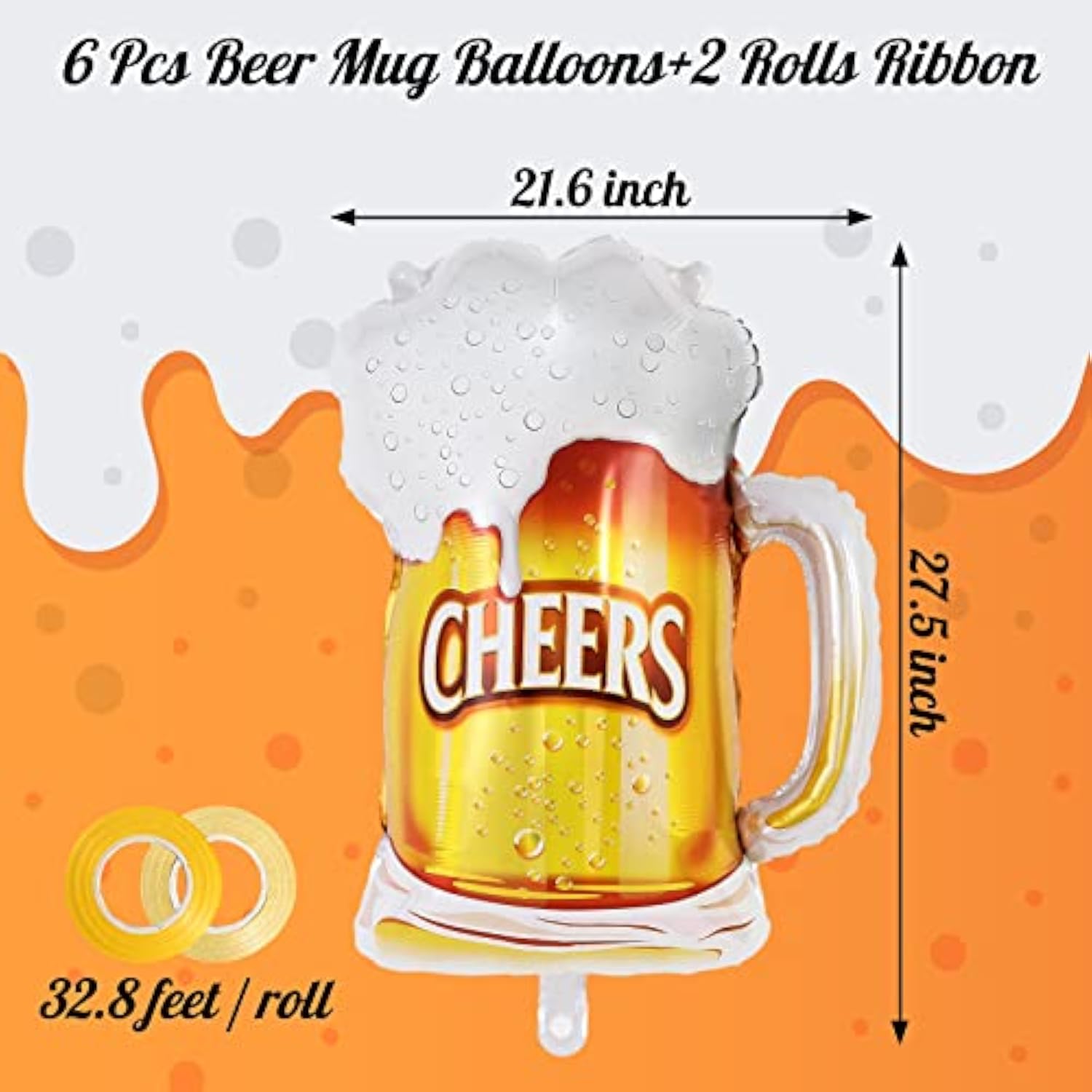 Beer Mug Cheers Balloons, 28 Inch Large Beer Cup Foil Balloons, 6 Pcs Beer Mylar Helium Balloons For Birthday Bachelorate Beer Themed Party Decoration