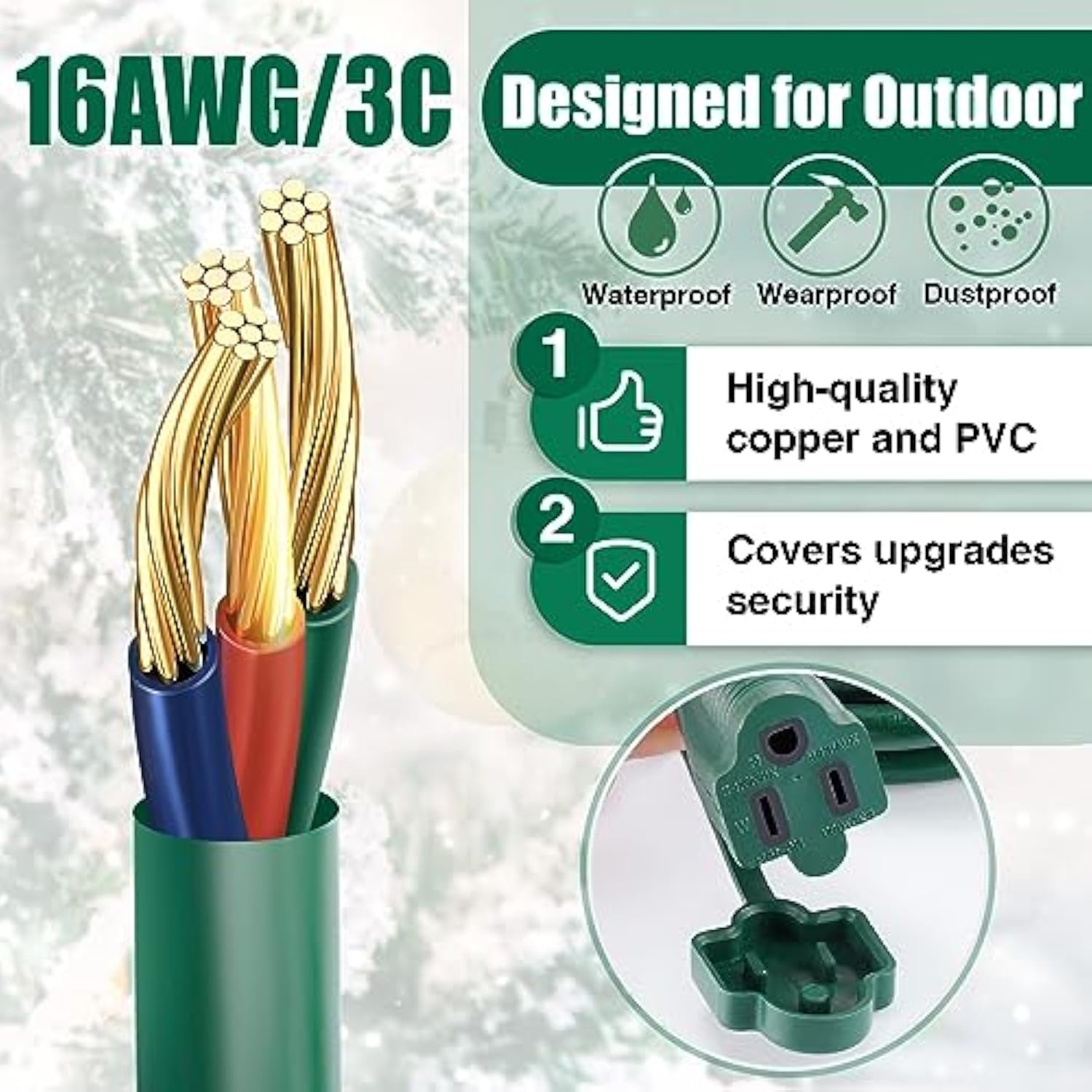 Extension Cord Outdoor With Multiple Outlets - Christmas Waterproof 1 To 3 Power Splitter, Ul Certified, 15A/1500W/16Awg/3C Power Cables Plugs For Decoration Lights, Max 13Ft (Combined 25Ft), Green