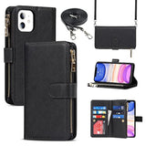 For 11 Phone Case Wallet For Women,For 11 Case With Card Holder, Crossbody Case With Credit Card Holders And Slots Zipper Lanyard Strap Leather Cases For Men,6.1 Inch Black