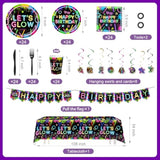 154Pcs Neon Party Supplies Set - Serves 24, Glow In The Dark Party Supplies, Includes Plates, Napkins, Banner, Hanging Swirls, Cups, Cutlery, Tablecloth For Glow Birthday Decorations
