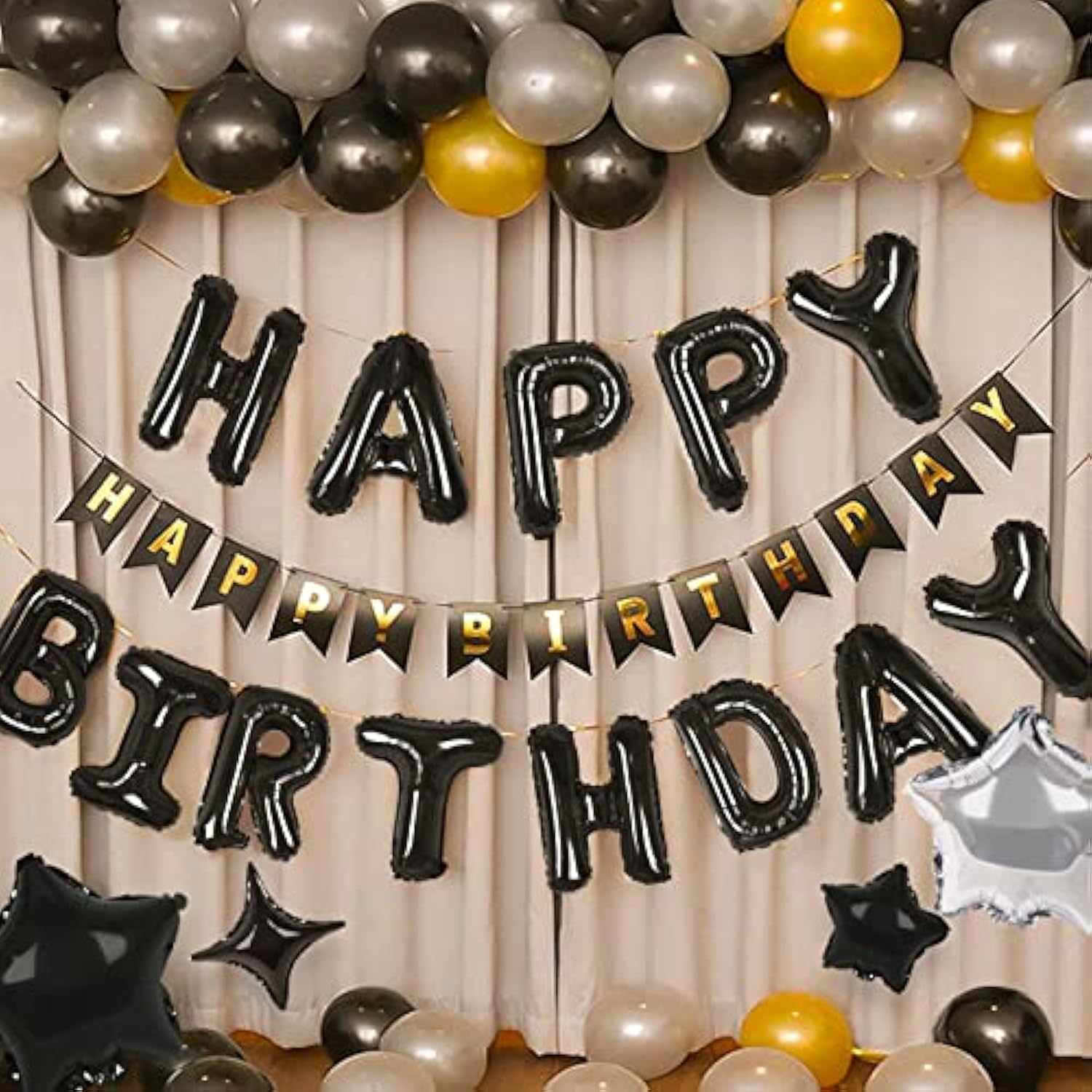 13pcs Mylar Foil Happy Birthday Banner & 12 Star Balloons - 3D Black Party Decor