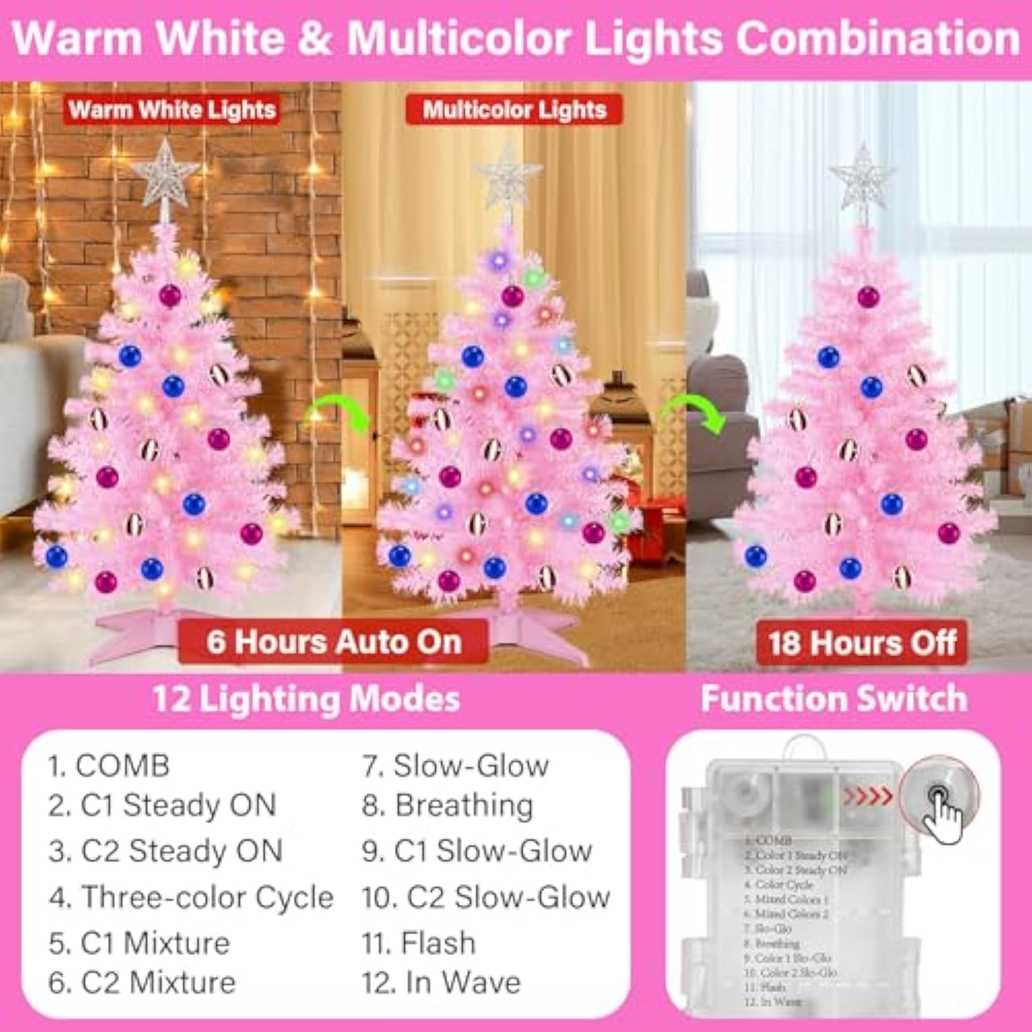 [ Remote Control & 12 Modes ] 3 Ft Christmas Tree With Timer 50 Warm White & Multi Color Lights, 15 Diy Ornaments 3D Star Topper - Artificial Small Pink Christmas Tree For Home Indoor Tables - Pink
