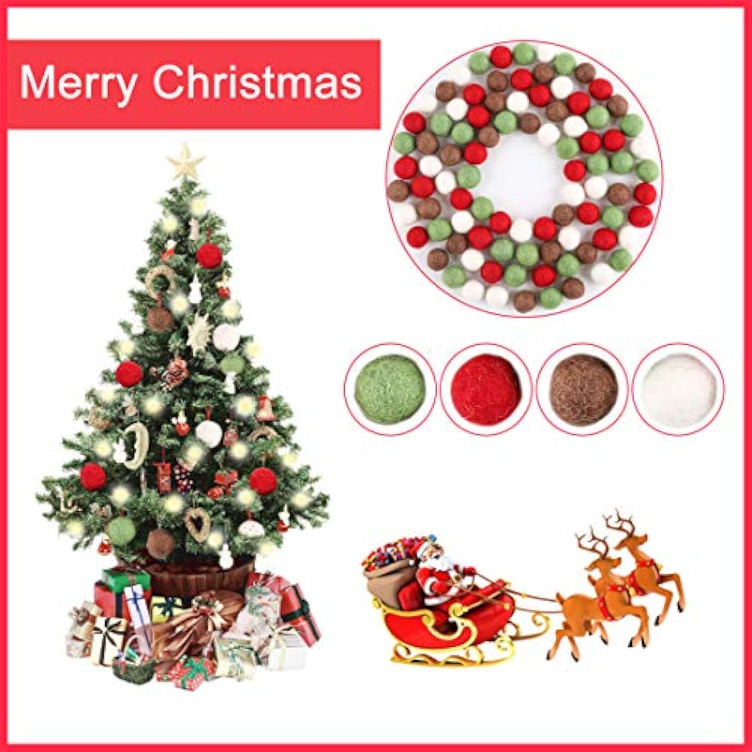 Christmas Diy Decor 100% Natural Wool Felt Balls Beads 2Cm 50Pcs Red Green White Elk Color