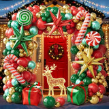 Christmas Balloon Arch Kit, 179PCS Red Green Gold Balloon Garland with Candy Cane, Gift Box, Exploding Star Foil Balloons for Christmas Party Decorations, Holiday Backdrop