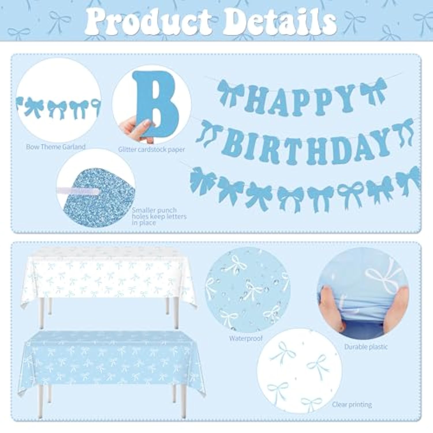Blue Bow Birthday Party Supplies, 220Pcs Coquette Birthday Decorations Includes Bow Plates Napinks Cups Straws Cutlery Tablecloths Banners And Balloons Blue Bow Theme Tableware Serves 24 Guests
