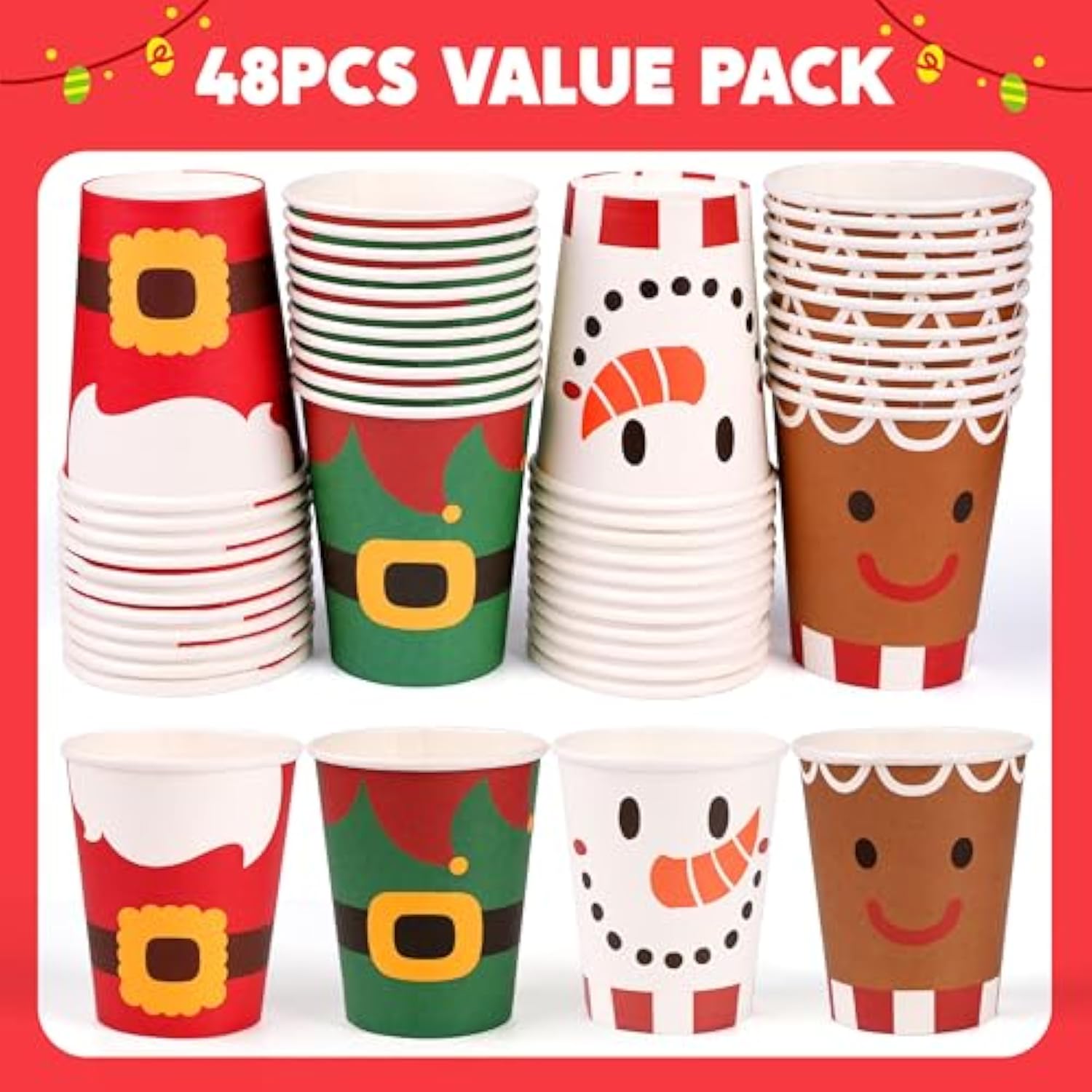 48 Pcs Merry Christmas Disposable Cups, 4 Designs Xmas Drinkware 9 Oz Paper Cup, Snowflake Santa Elk Christmas Cups For Hot Chocolate Coffee Cold Beverage Holiday Tableware Supplies Favors