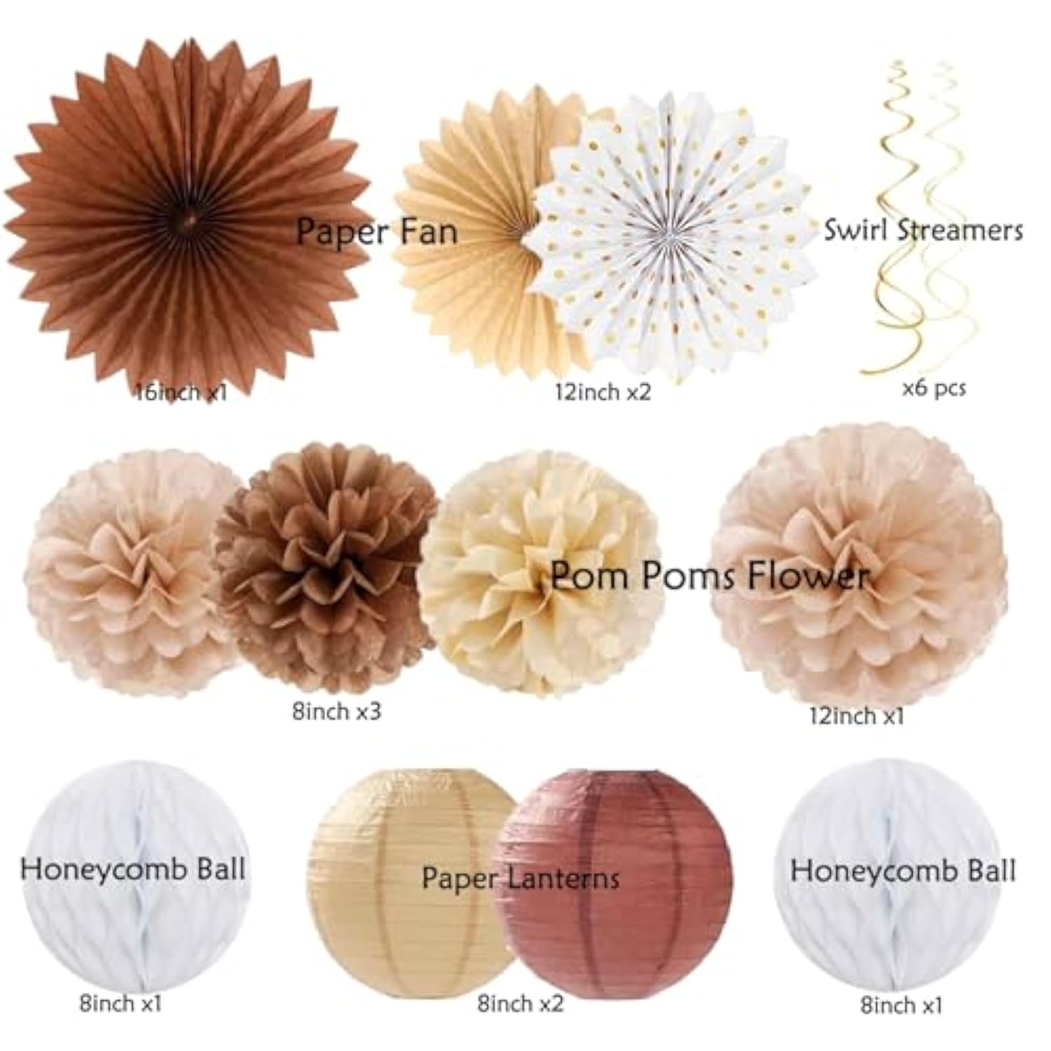 62pcs Boho Brown White Birthday Decorations with Banner Lanterns & Pom Poms