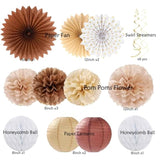 62pcs Boho Brown White Birthday Decorations with Banner Lanterns & Pom Poms