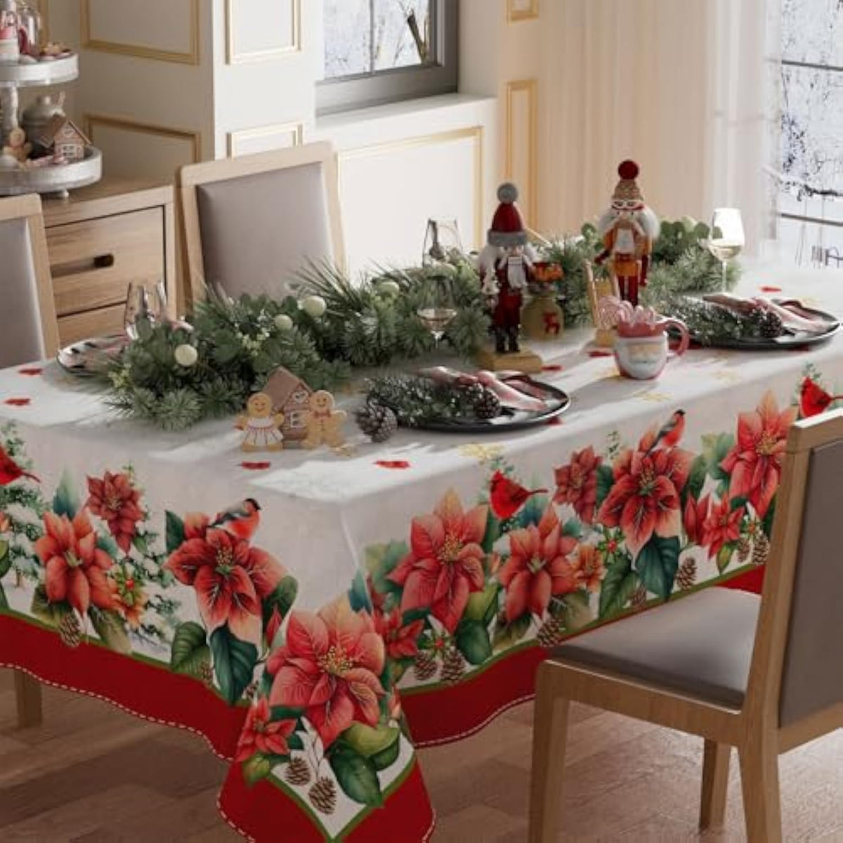 Poinsettia Cardinal Winter Tablecloth 60x84 Inch Washable Christmas Decor