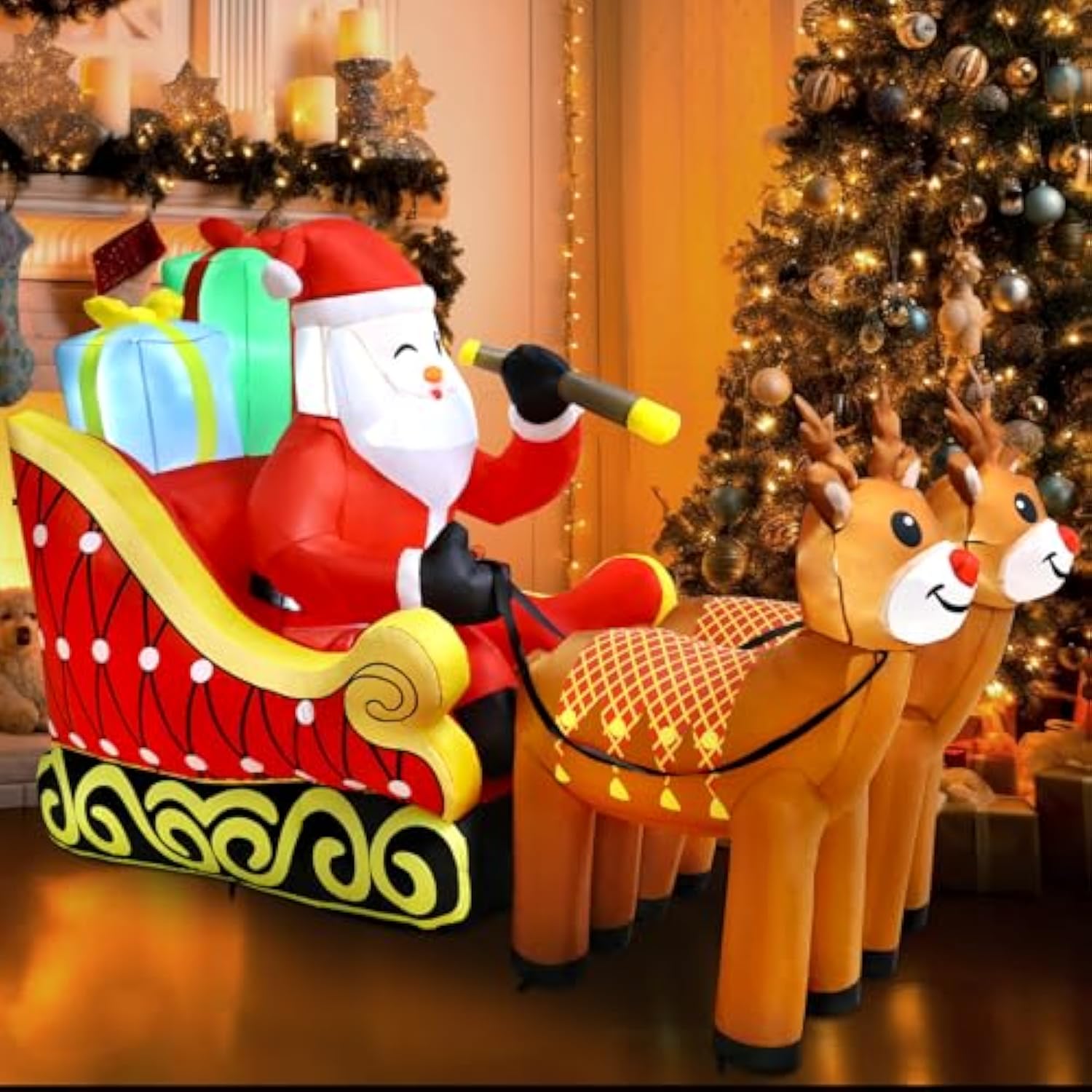 7.2Ft Christmas Inflatable Santa On Sleigh With 2 Reindeer, Inflatable Christmas Santa Sleigh Decorations With Build-In