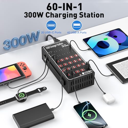 Multiple USB Charging Station 60 Port (40 USB A & 20 USB~C Port), 300W(60A) Fast Charger Station with Power Switch, Desktop USB~C Charger Block