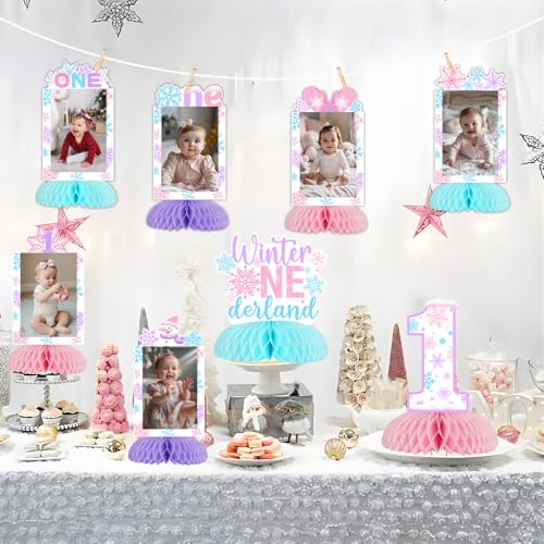 Winter Onederland 1st Birthday Party Decoration, 8pcs Winter Onederland Photo Honeycomb Centerpiece Pink Purple Blue Snowflake Table Topper for Winter Onederland 1st Birthday Girl Decoration