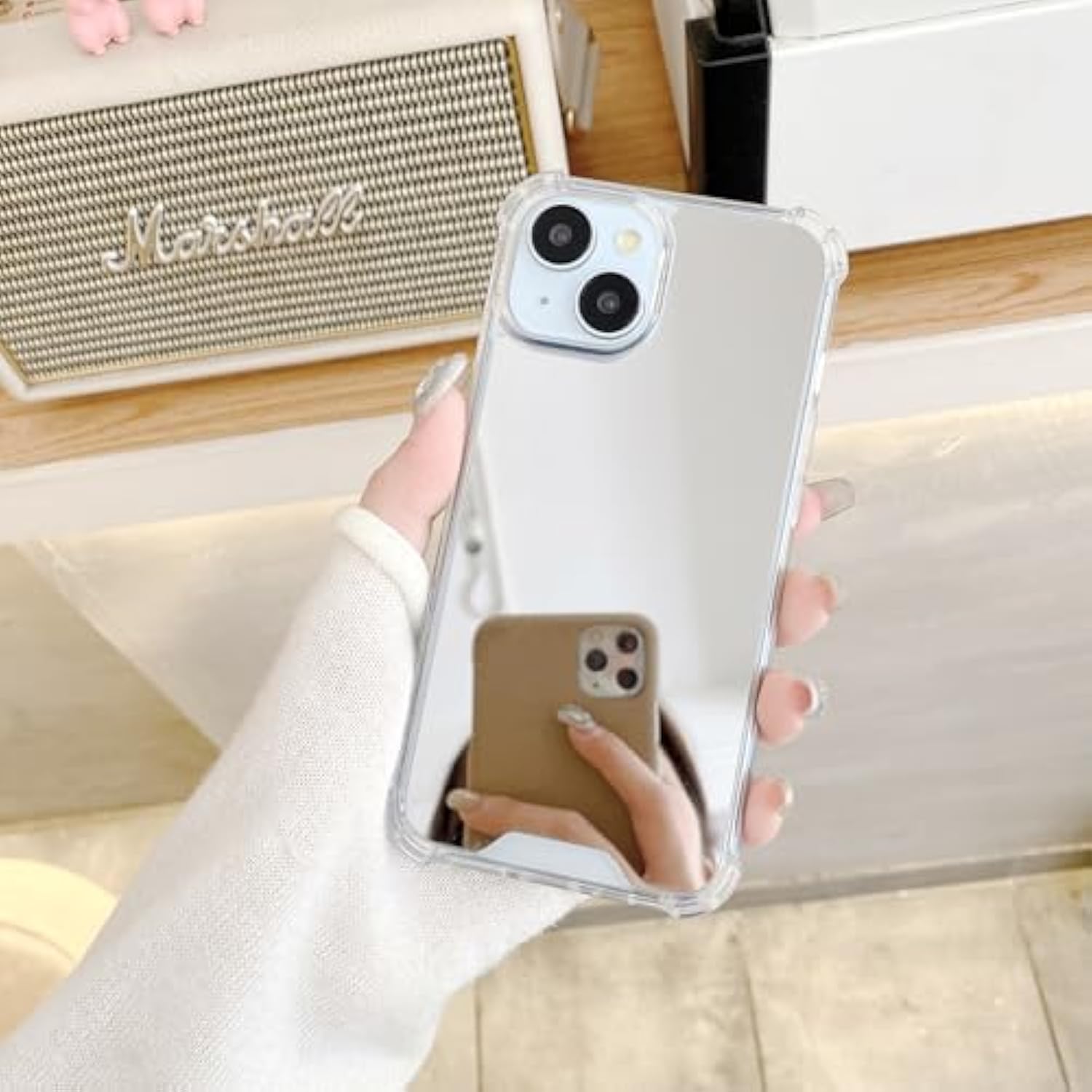 Designed For Iphone 14 Mirror Case [Four Corner Guard Shockproof] Hard Back Soft Bumper Protective Cover For Girls Woman Makeup Touch Up Back Camera Selfies 6.1Inch(Mirror14)