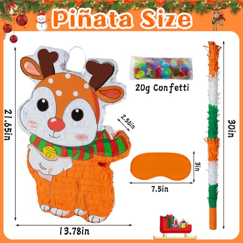 21.6 Inch Christmas Reindeer Piñata with 30 Inch Piñata Stick Blindfold Confetti for Boy Girl Adults Xmas Party Game Decorations