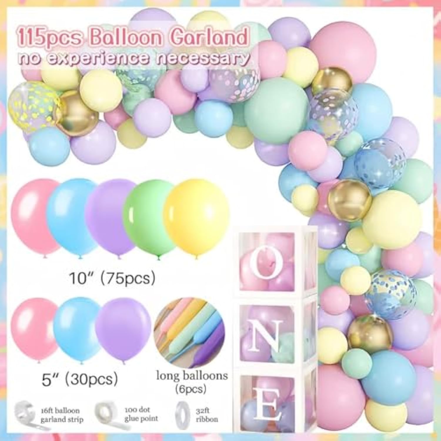 1St Birthday Decorations For Girl, 128Pcs Sweet One Birthday Party Decorations, Balloon Boxes, Party Backdrop, Photo Banner, Donuts Ice Cream Candy Balloons Garland