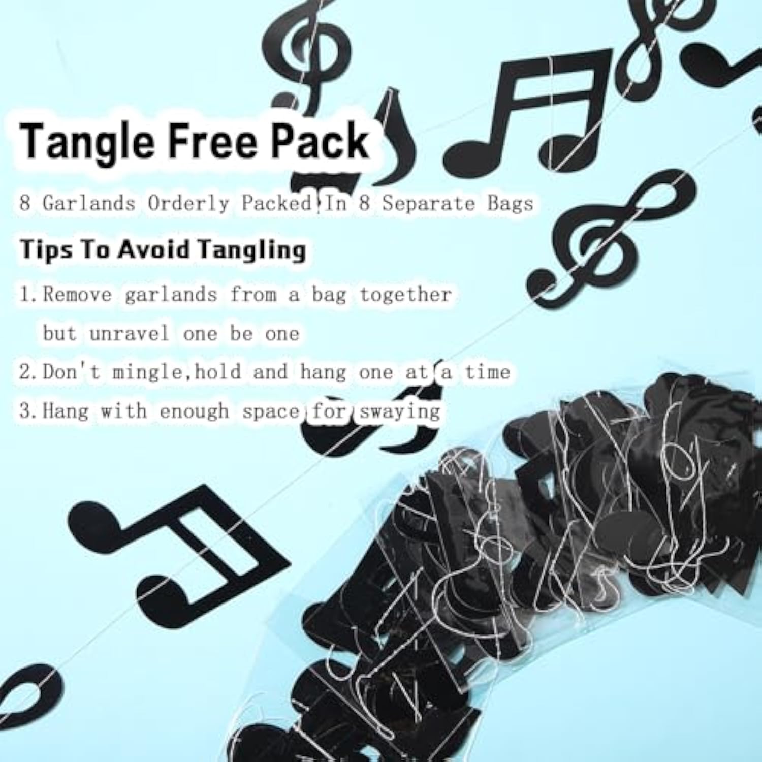 8 Pcs Music Notes Party Decorations Musical Birthday Hanging Decorations Music Notes Paper Garland Banner For 50S 80S Birthday Baby Shower Wedding Party Supplies Ceiling Decor(Black)