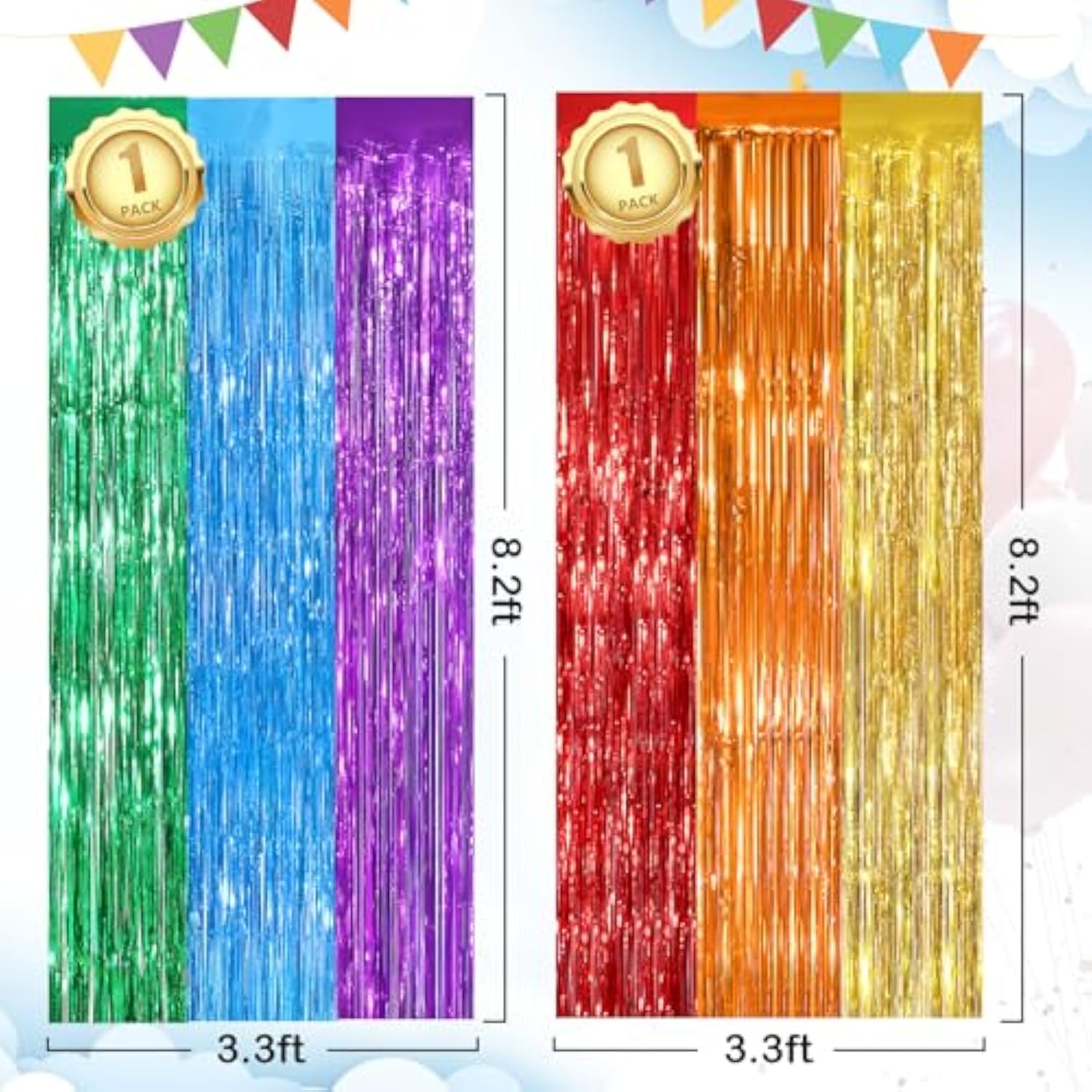 Rainbow Fringe Curtain 2Pack 3.3x8.3ft Foil Backdrop Streamers for Party Decor