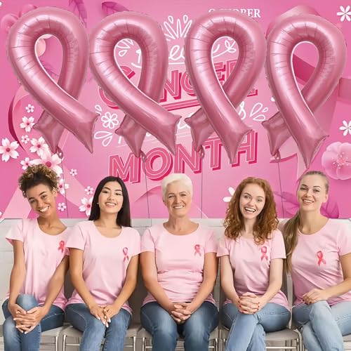 Breast Cancer Awareness Balloons 42" Pink Ribbon Foil Balloons, Fight Awareness Cheer Balloons, Hospital Nurse Day Party Decoration Balloons Accessories Campaign Support 4Pcs