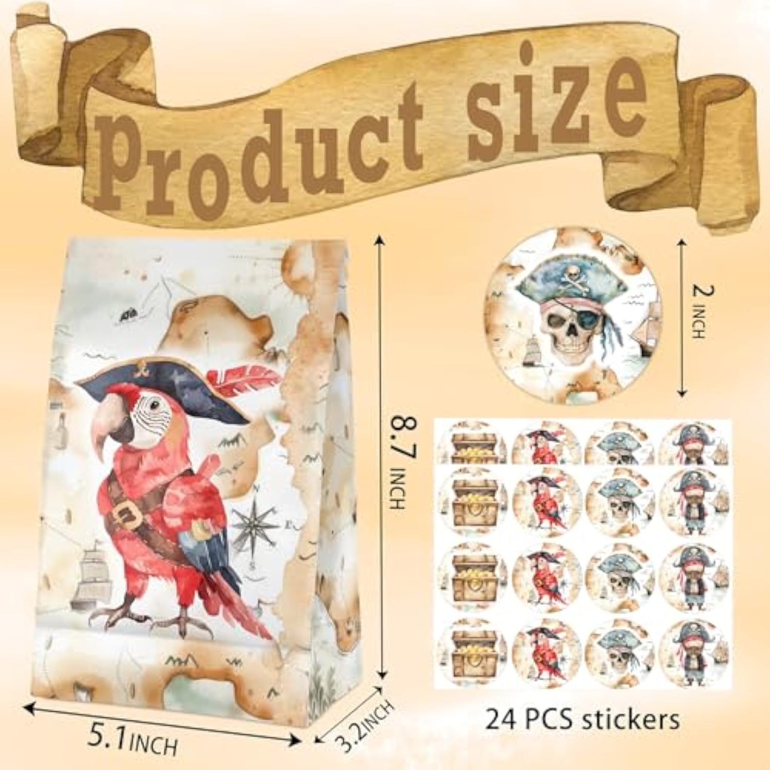 24 Pcs Pirate Goodie Bags With Stickers - Pirate Themed Birthday Party Favor Bags, Perfect For Kids' Pirate Party Supplies And Treat Bags
