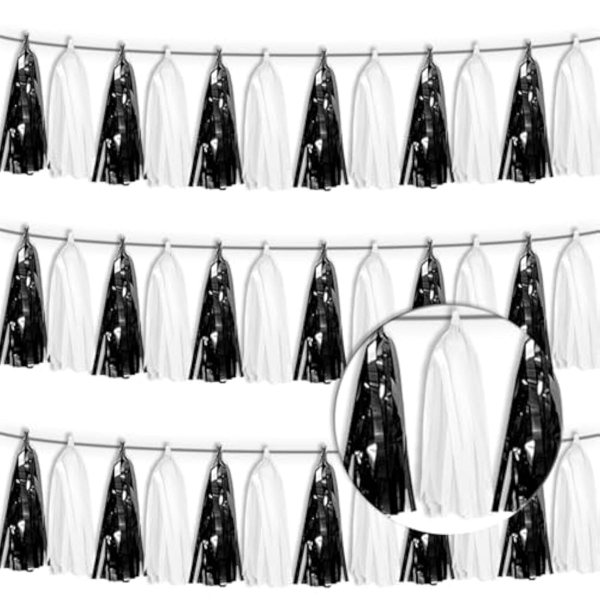 3P Black White Foil Fringe Tassel Banner Metallic Tinsel Streamer Garland Wall Curtain Backdrop For Parade Floats, Graduation, Halloween, Christmas, Father'S Day Party Decorations