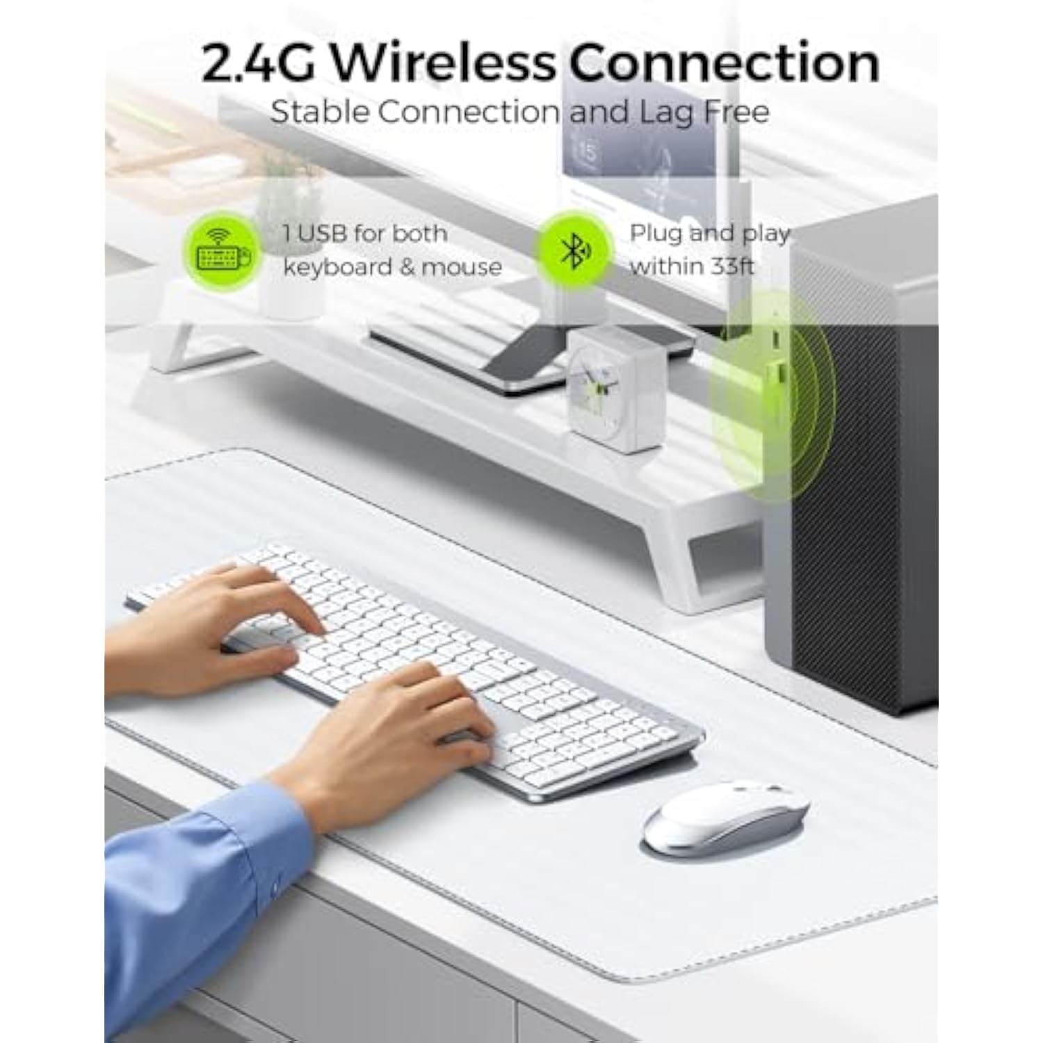 Wireless Keyboard and Mouse Combo - Full Size Slim Thin Wireless Keyboard Mouse with Numeric Keypad 2.4G Stable Connection Adjustable DPI (White & Silver)