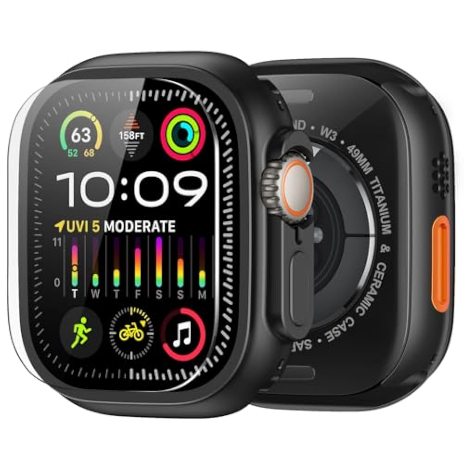 Metal Case Screen Protector Cover For Apple Watch Ultra 2/Ultra 49Mm, W3 Rugged Bumper Thin Frame + 9H Tempered Glass Film + Ceramic-Like Back Cover, [Stylish] [Waterproof], Matte Black