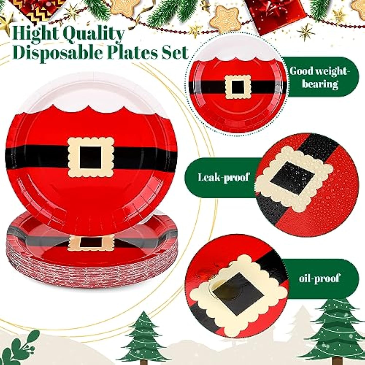 100 Pcs Christmas Paper Plates 9 Inch Disposable Santa Christmas Dinnerware Set Xmas Dinner Plates Table Decorations Holiday Party Supplies, Serve 100 Guests