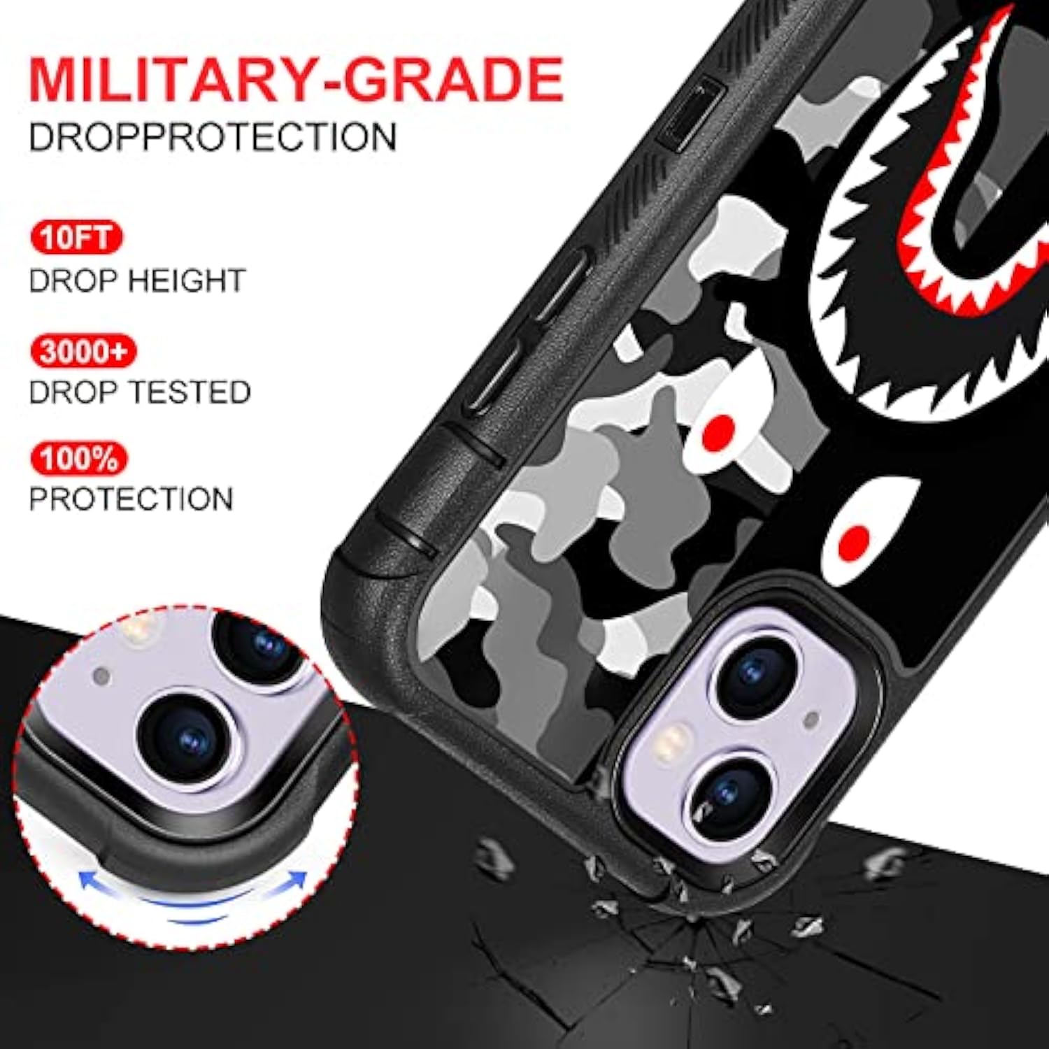 Compatible With Iphone 13 Case Iphone 14 Case Cool Camo Black White Shark Street Fashion Design For Boys, 3-Layer Rugged Shockproof Hard Plastic Bumper Silicone Rubber Heavy Duty Protection Cover