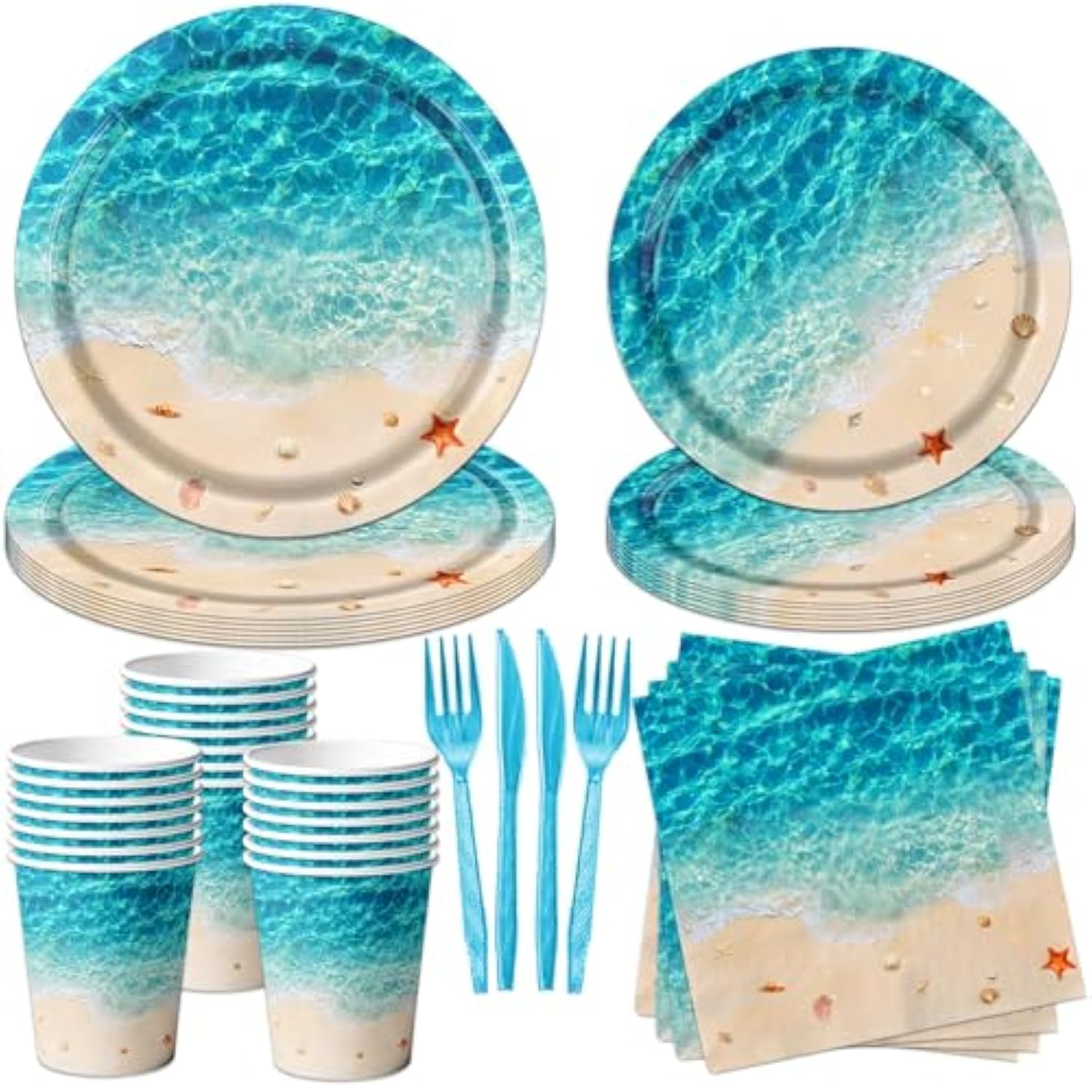 Beach Party Supplies, 144Pcs Ocean Waves Birthday Party Supplies Tableware Set Summer Pool Party Decorations Ocean Plates And Napkins And Cups For Hawaiian Birthday Decorations