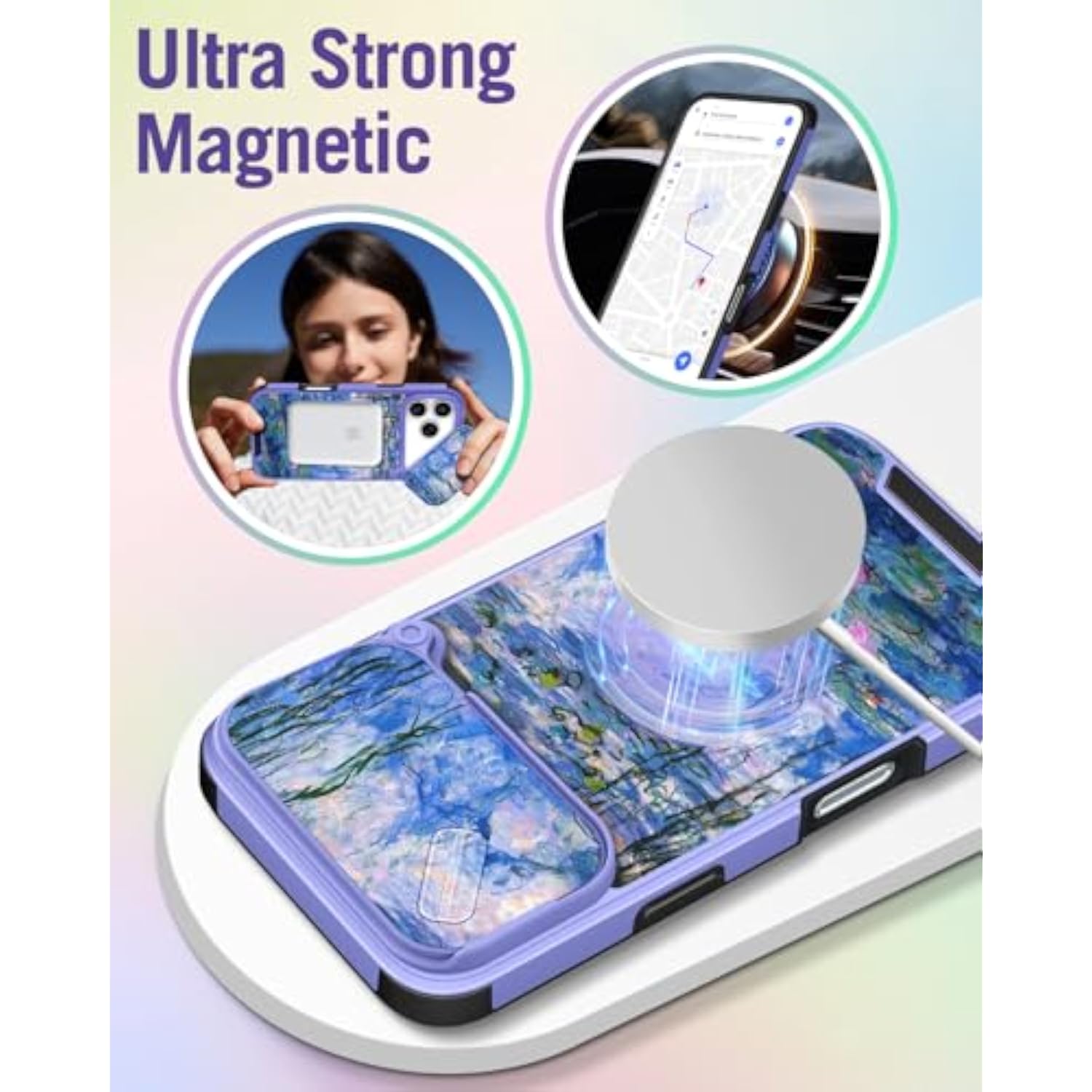 iPhone 17 Pro Max Case 6.9 Inch - Ring Stand & Camera Cover Aesthetic Cute Designed Water Lily Phone Case for Women Girls