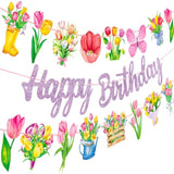 Tulip Birthday Party Banners 3Pcs Spring Floral Banner Purple Tulip Ecorations Spring Birthday Party Decorations For Flower Mom Happy Party Decoration