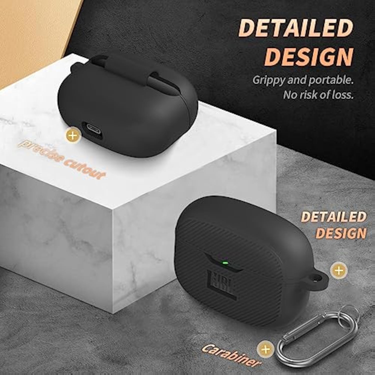 For Jbl Vibe 200Tws/Jbl Vibe Beam Case Cover, Silicone Protective Shock Cover Compatible With Jbl Vibe 200Tws & Jbl Vibe Beam True Wireless Headphones Charging Case With Carabiner(Black)