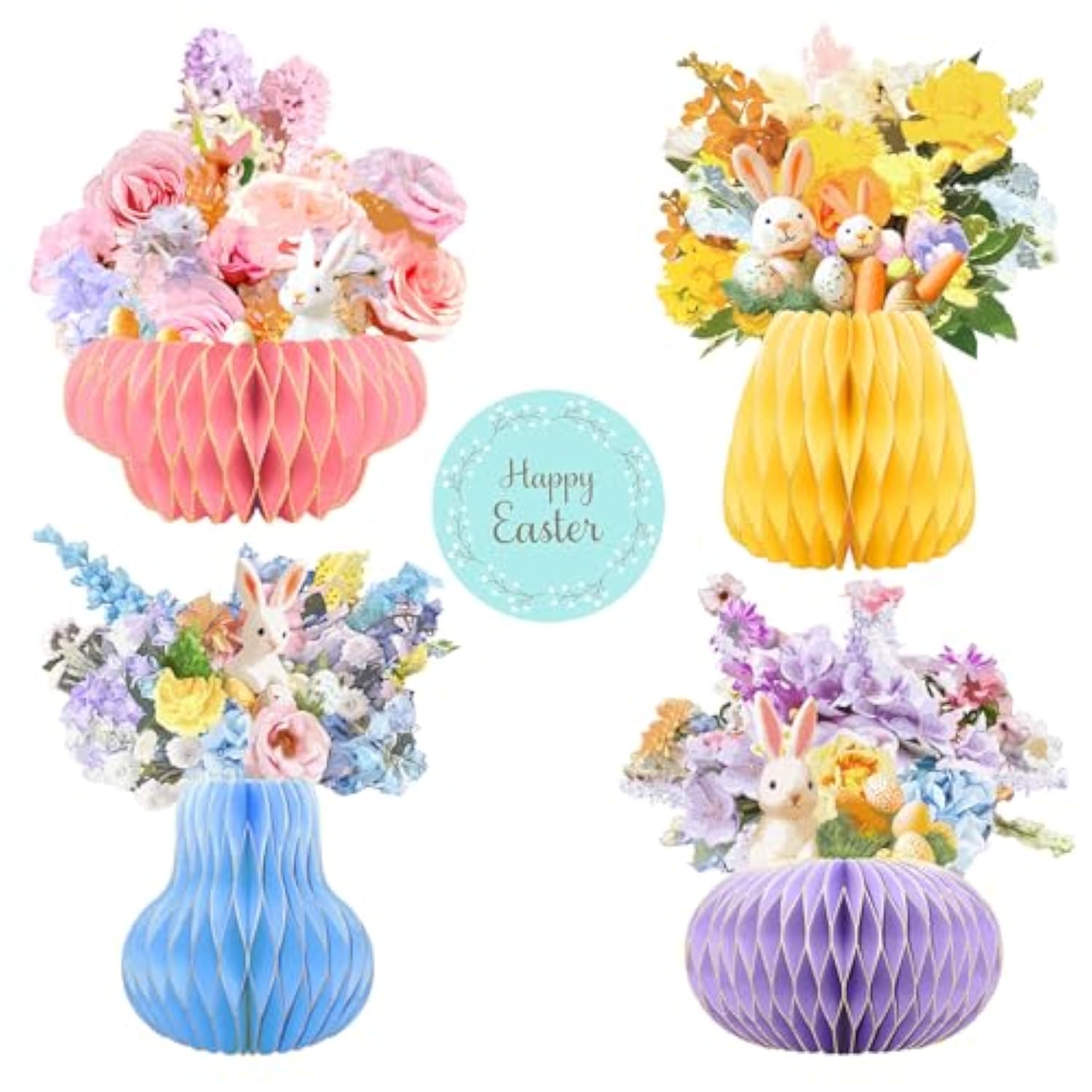 Easter Party Decorations,Paper Honeycomb Vase With Bouquet Print Card,Glitter Edge,Easter Bunny Eggs Decor,For Table Centerpieces Home Decoration