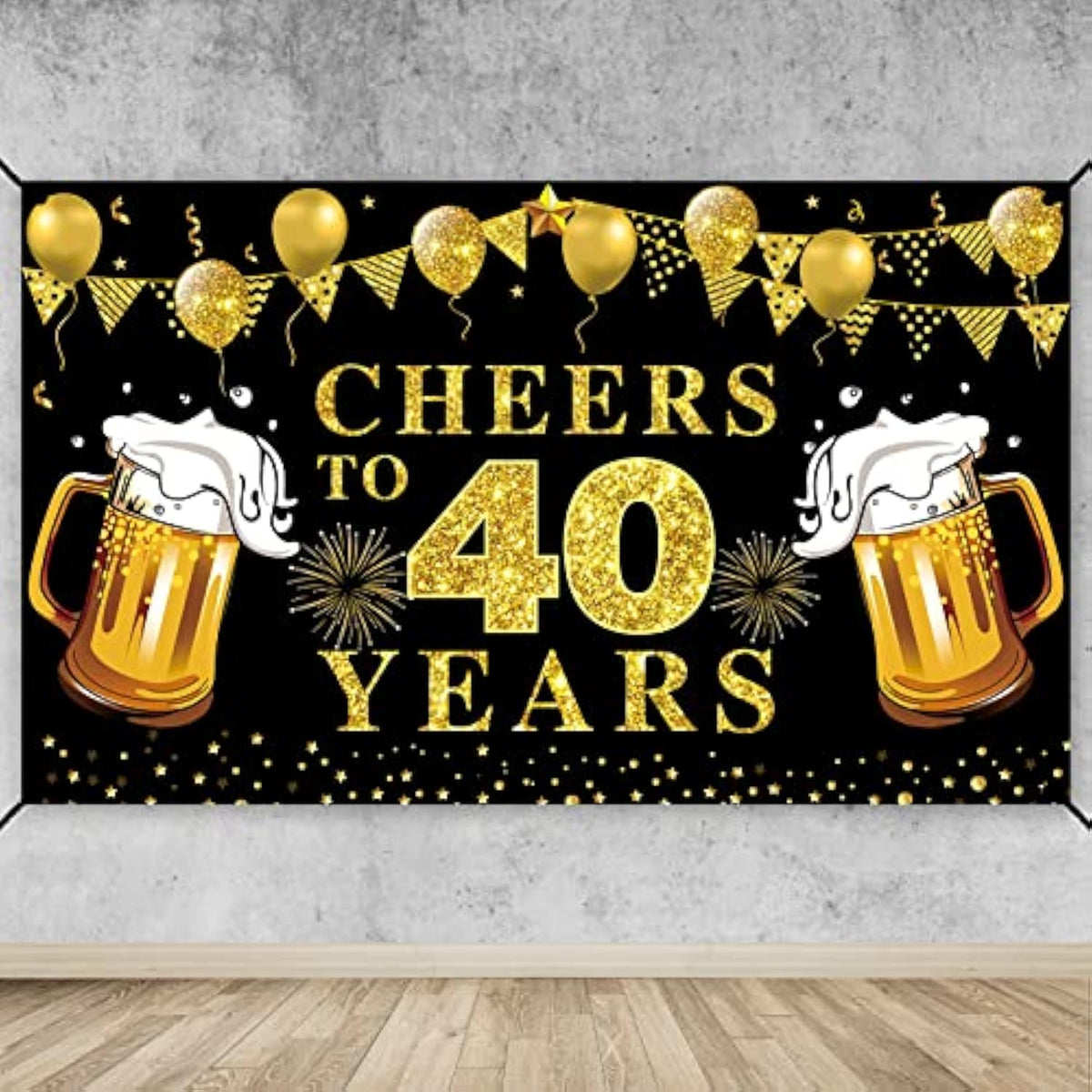Cheers to 40 Years Backdrop: Black & Gold Anniversary Banner (72.8"x43.3")