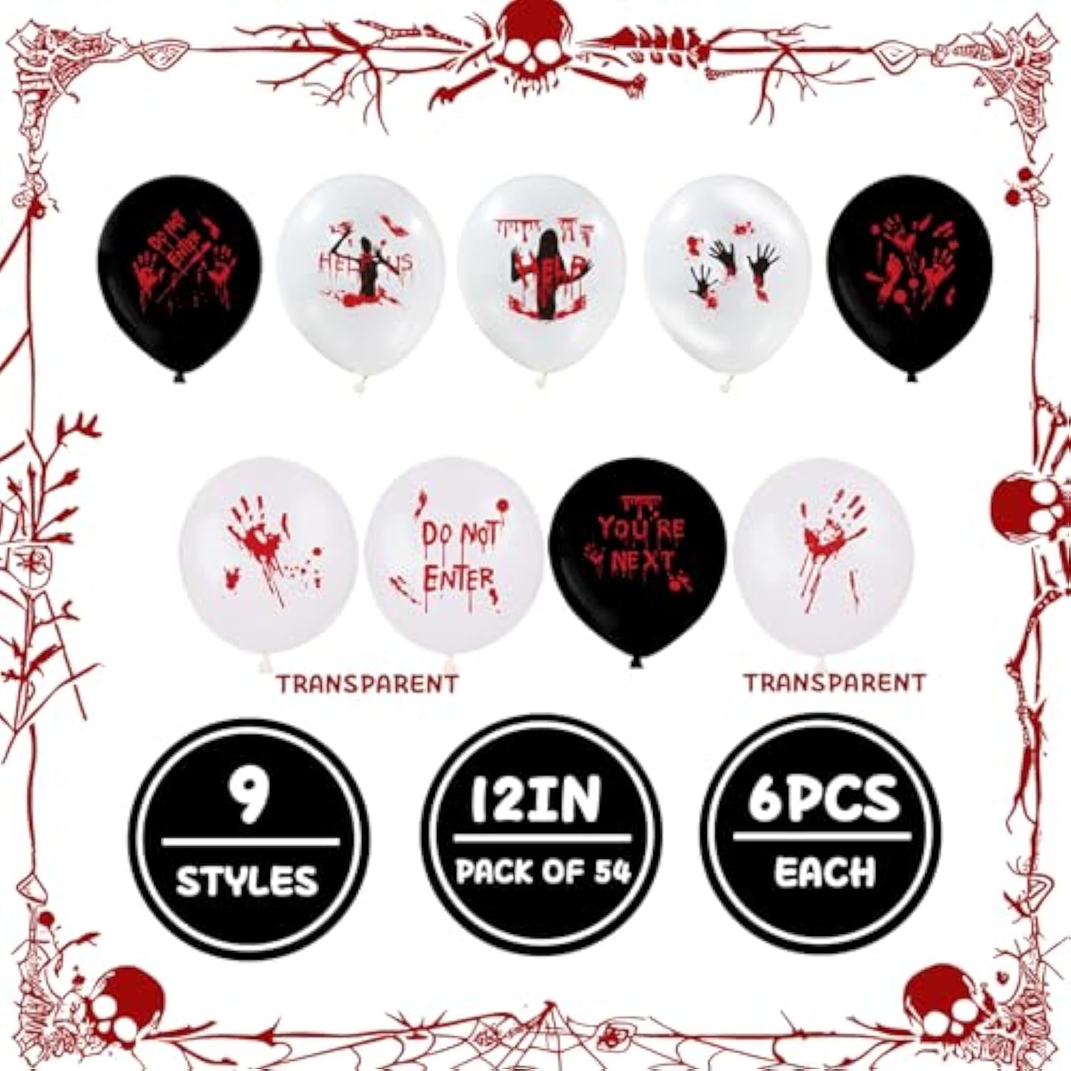 54PCS Halloween Bloody Balloon Set Black White Red Blood Splatter Handprint Balloons for Party