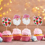 24 Pcs Merry Christmas Cupcake Toppers - Happy Holiday Cake Picks - Santa Claus, Pink Disco Ball For Xmas, New Year, Baby Shower, Kids Birthday Party Supplies