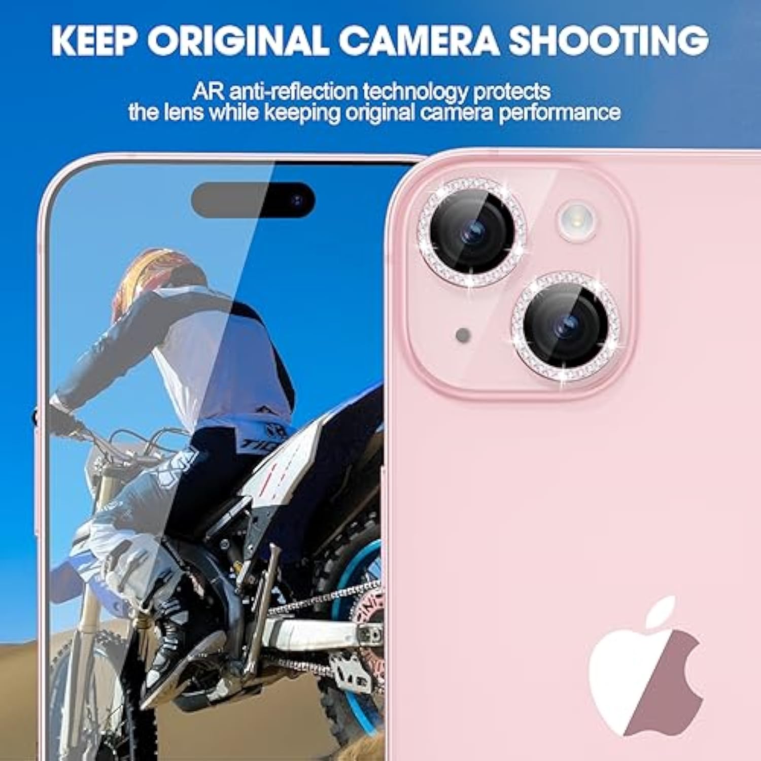 iPhone 15/15 Plus Camera Lens Protector Bling Metal Diamond 9H Scratchproof Pink