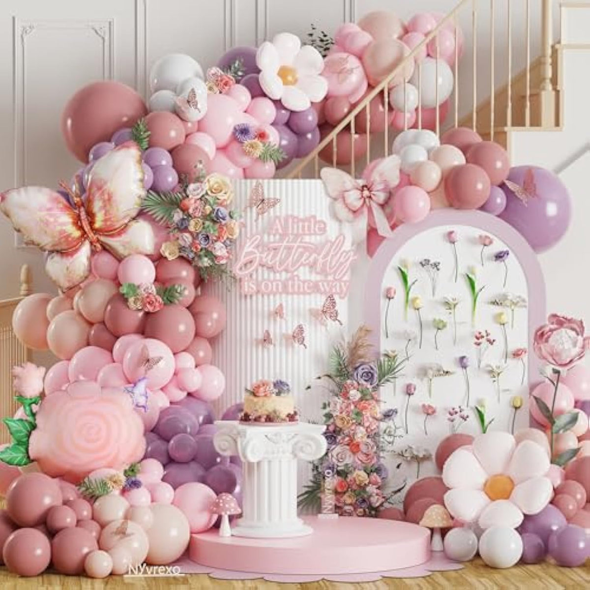 Spring Butterfly Birthday Party Decorations, 154Pcs Daisy Flower Pink Purple Balloons Arch Garland Kit With Butterfly Foil Balloons For Baby Shower Garden Tea Party Wedding Supplies
