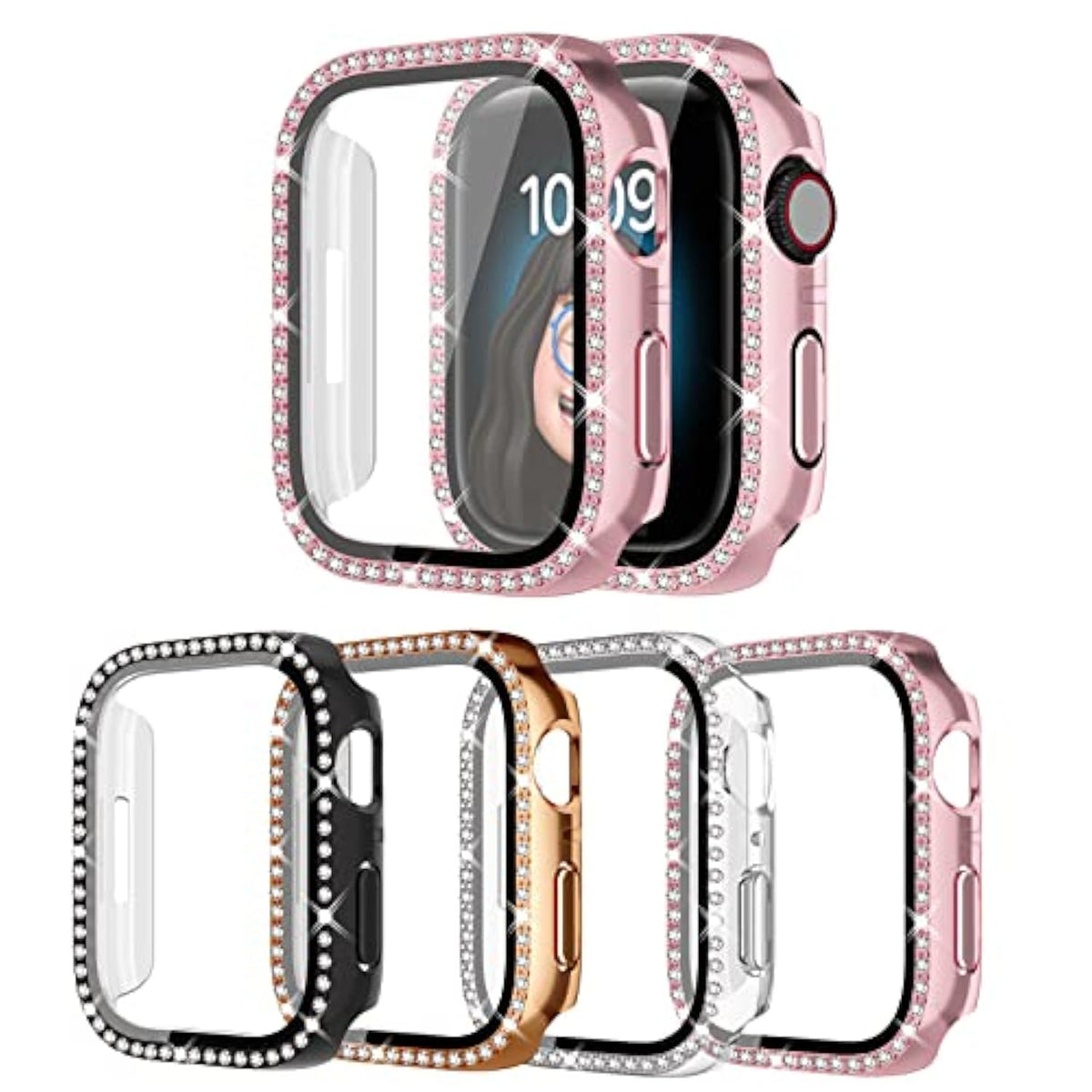 4 Pack Bling Case For Apple Watch Series 9/8/7 41Mm, Glitter Rhinestone Diamonds Protective Case With Tempered Glass Screen Protector Cover For Iwatch 41Mm Women