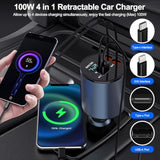 Retractable Car Charger 4 In 1 Fast Charge Usb C Car Charger Adapter With Retractable Cord Cable 100W, Car Phone Charger For Iphone 15 Pro Max Plus 14 13 12
