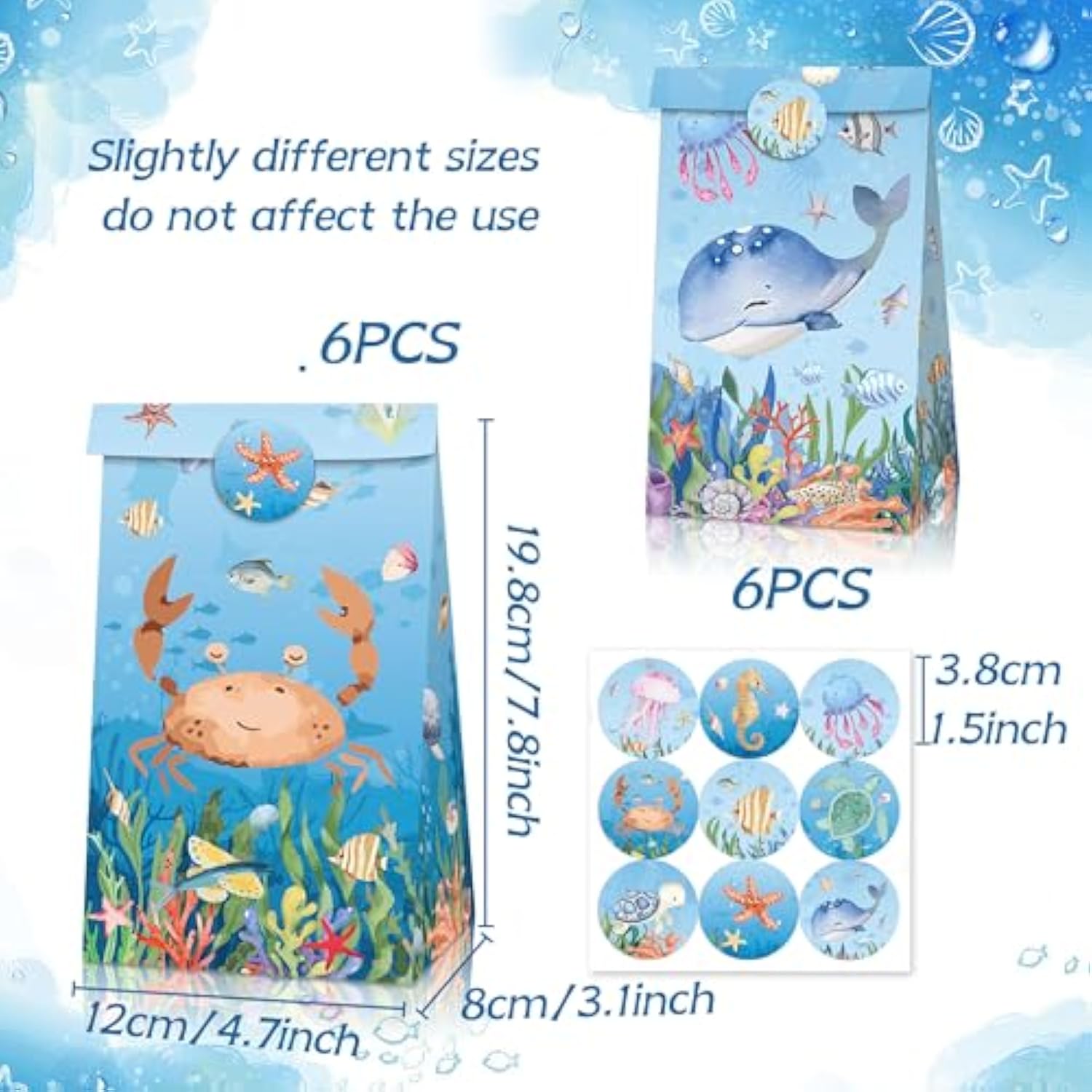 12 Pcs Under The Sea Party Favor Gift Bags With Stickers Ocean Animals Treat Goodies Bags Birthday Party Decorations Turtle Whale Beach Theme Baby Shower