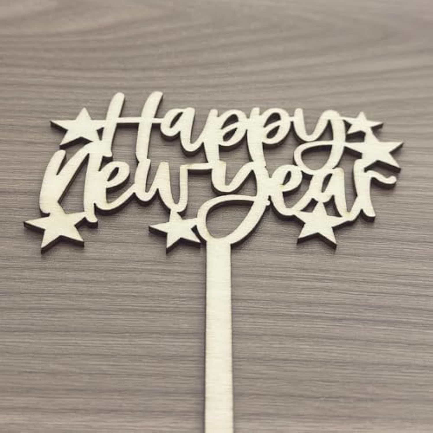 Happy New Year Cake Topper Wooden Natural Color Stars Decoration