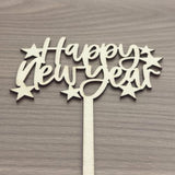 Happy New Year Cake Topper Wooden Natural Color Stars Decoration