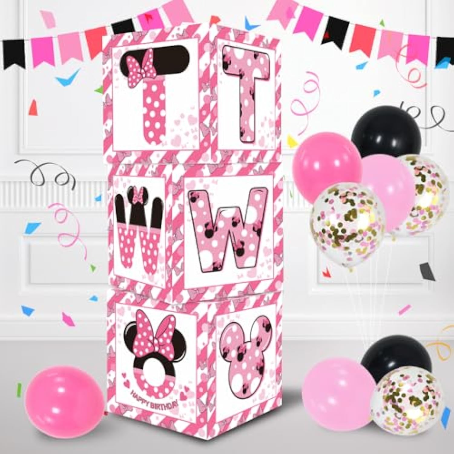 Pink Mouse 2Nd Birthday Party Supplies Balloon Box With Letters?Pink Mouse Theme Two Years Old Birthday Party Favors For Girls Second Birthday Decorations
