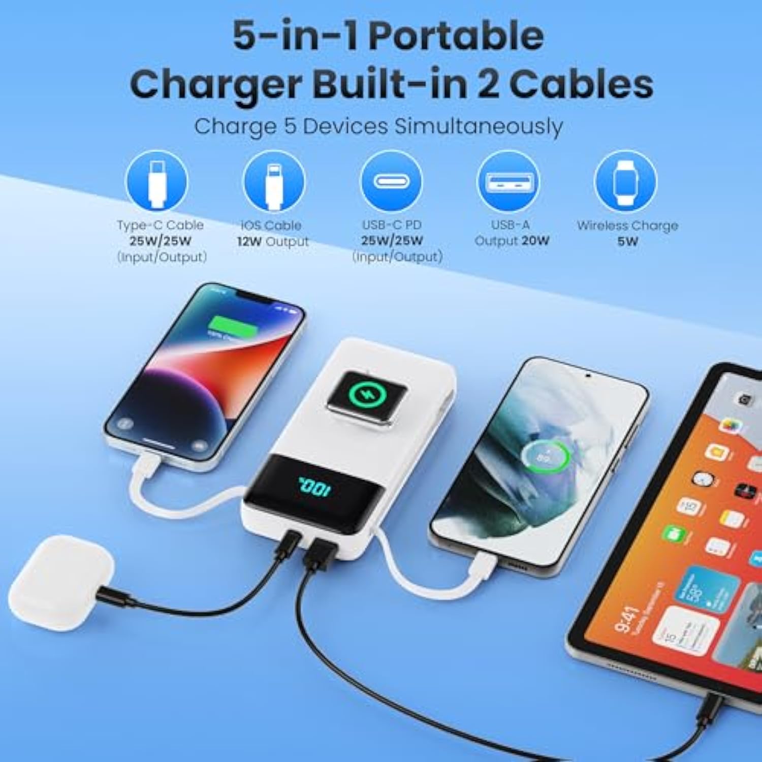 Portable Charger 40800Mah For Iphone With 2 Built-In Cable And Iwatch Charger, 5-In-1 25W Pd Fast Charging Usb C Power Bank,Qc4.0 Led Display Battery Pack For Iphone 16/15/14/13/12,Android,Apple Watch