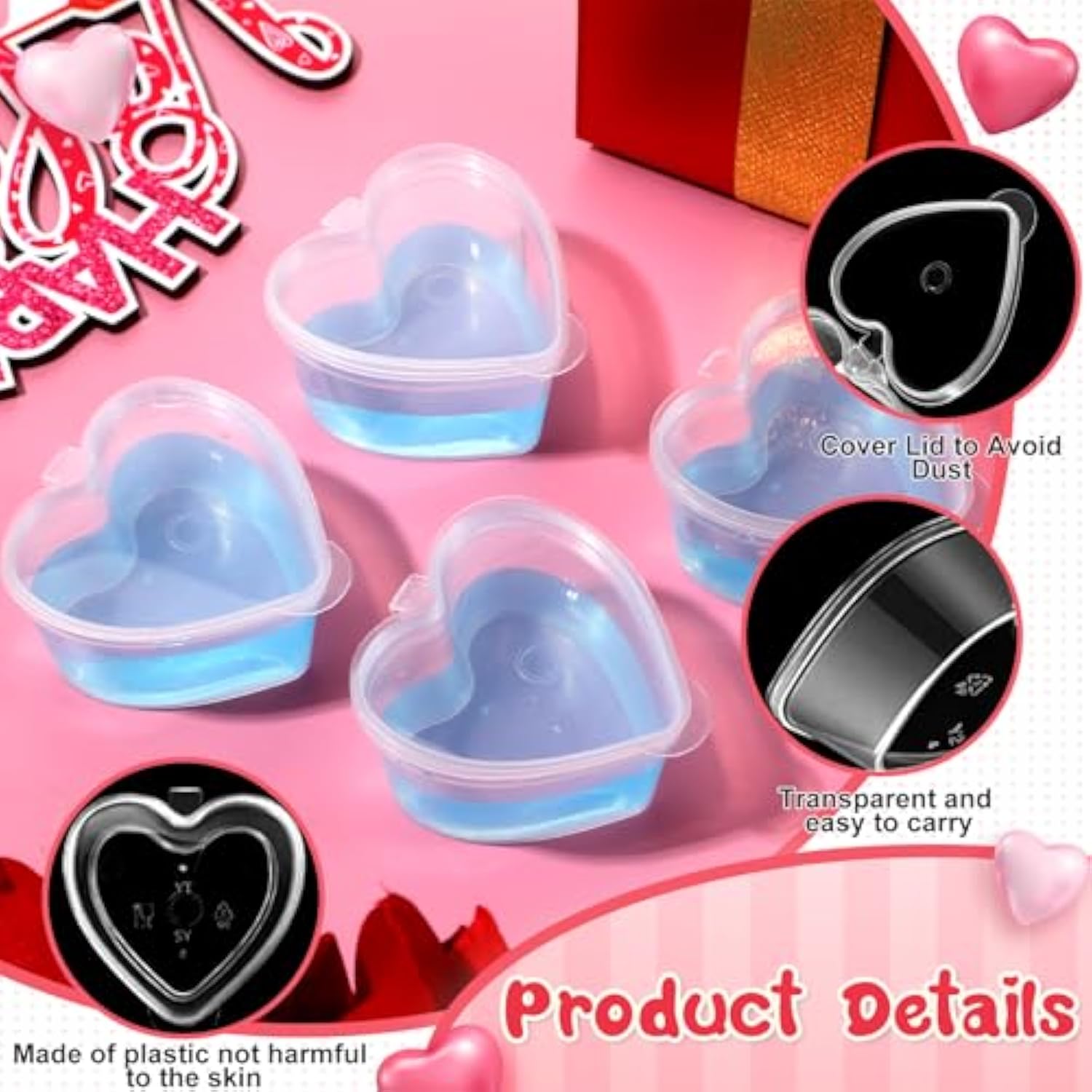 72 Pcs 2.4 Oz Valentine‘S Day Heart Shaped Containers Plastic Box With Lids Reusable Small Portion Cups Condiment Storage Container Clear Transparent Cup For Food Diy Liquid Foam Ball Soft Clay