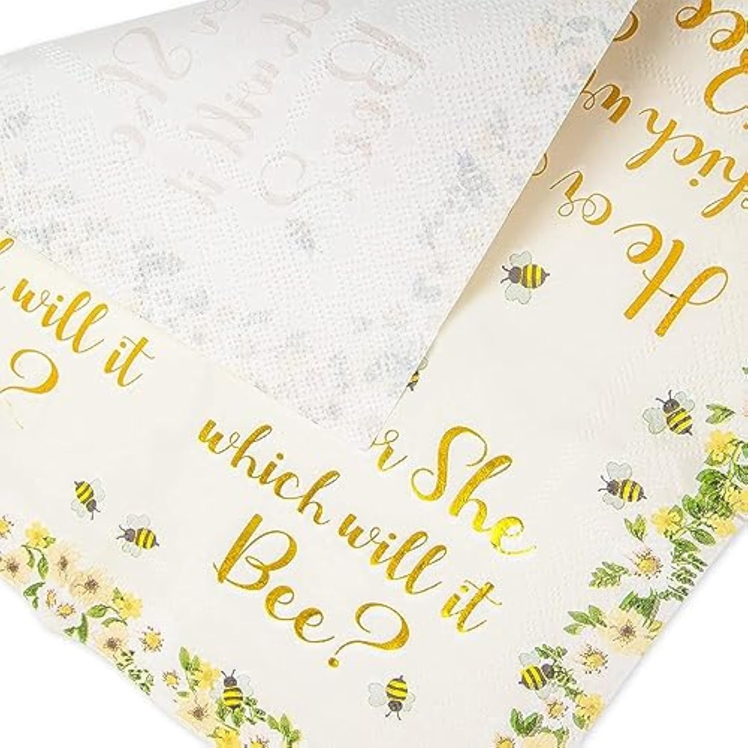 3-Ply Paper Napkins - Gender Reveal Party With Bee Napkins - Highly Absorbent 3-Ply Cocktail Tissue - Bee-Themed Baby Shower Decoration & Party Supply - 5 X 5 In, Pack Of 50, Gold