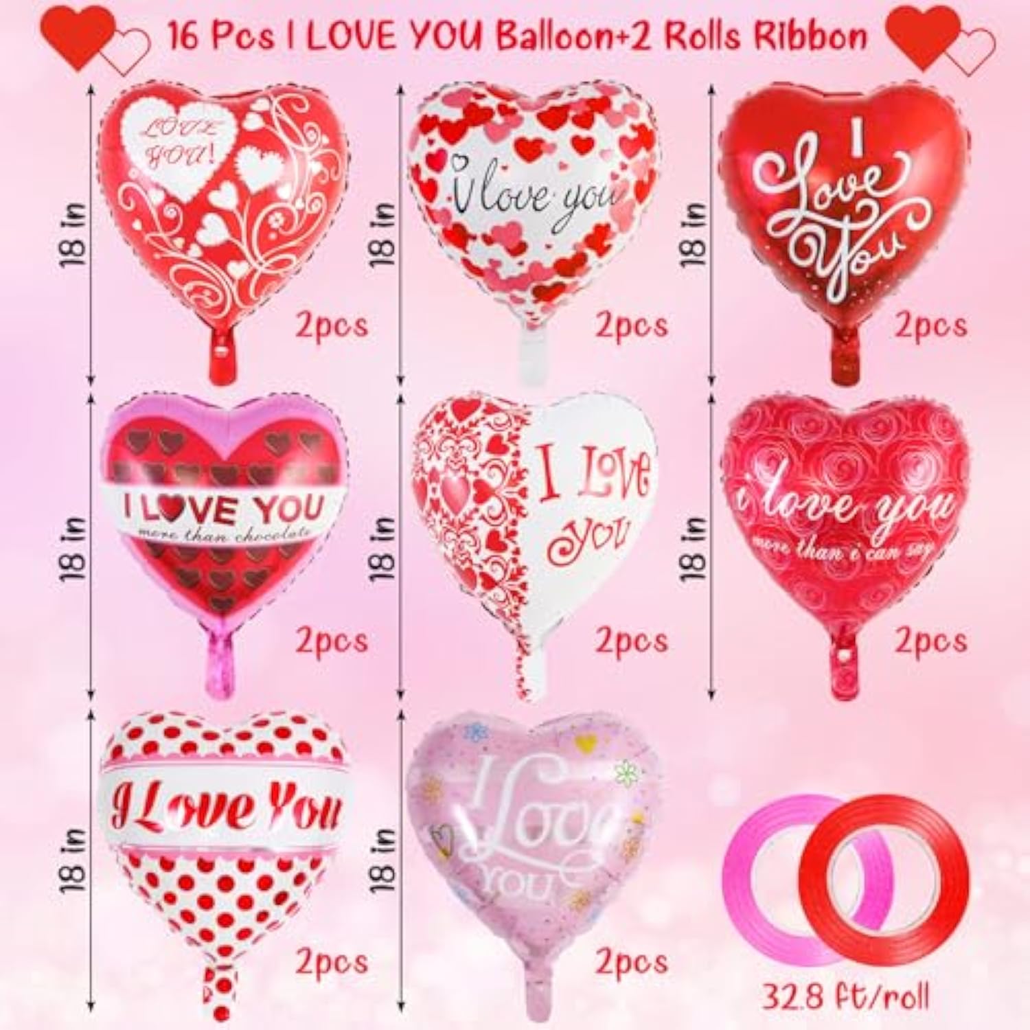 Valentine’S Day Balloons, 16 Pcs Heart Shaped I Love You Balloons, Lar