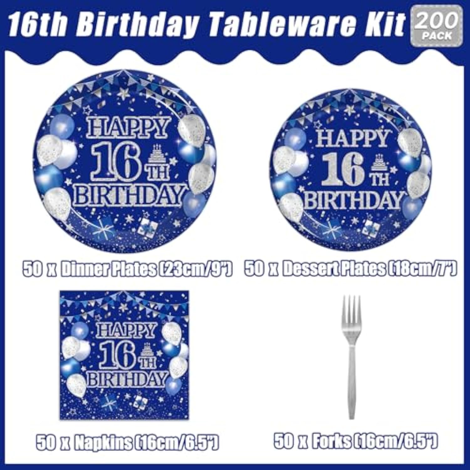 200Pcs 16Th Birthday Party Tableware Set, Blue And Silver Happy 16Th Birthday Party Decorations Supplies For Boys Girls 16 Years Old Party Dessert Plates Napkins Forks Favors, Serve 50