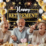 Retirement Party Decorations – 71x44 Inch Happy Retirement Banner Backdrop with Black & Gold Design, Includes 19.69ft Ribbon for Photo Booth, Studio Props & Party Decor